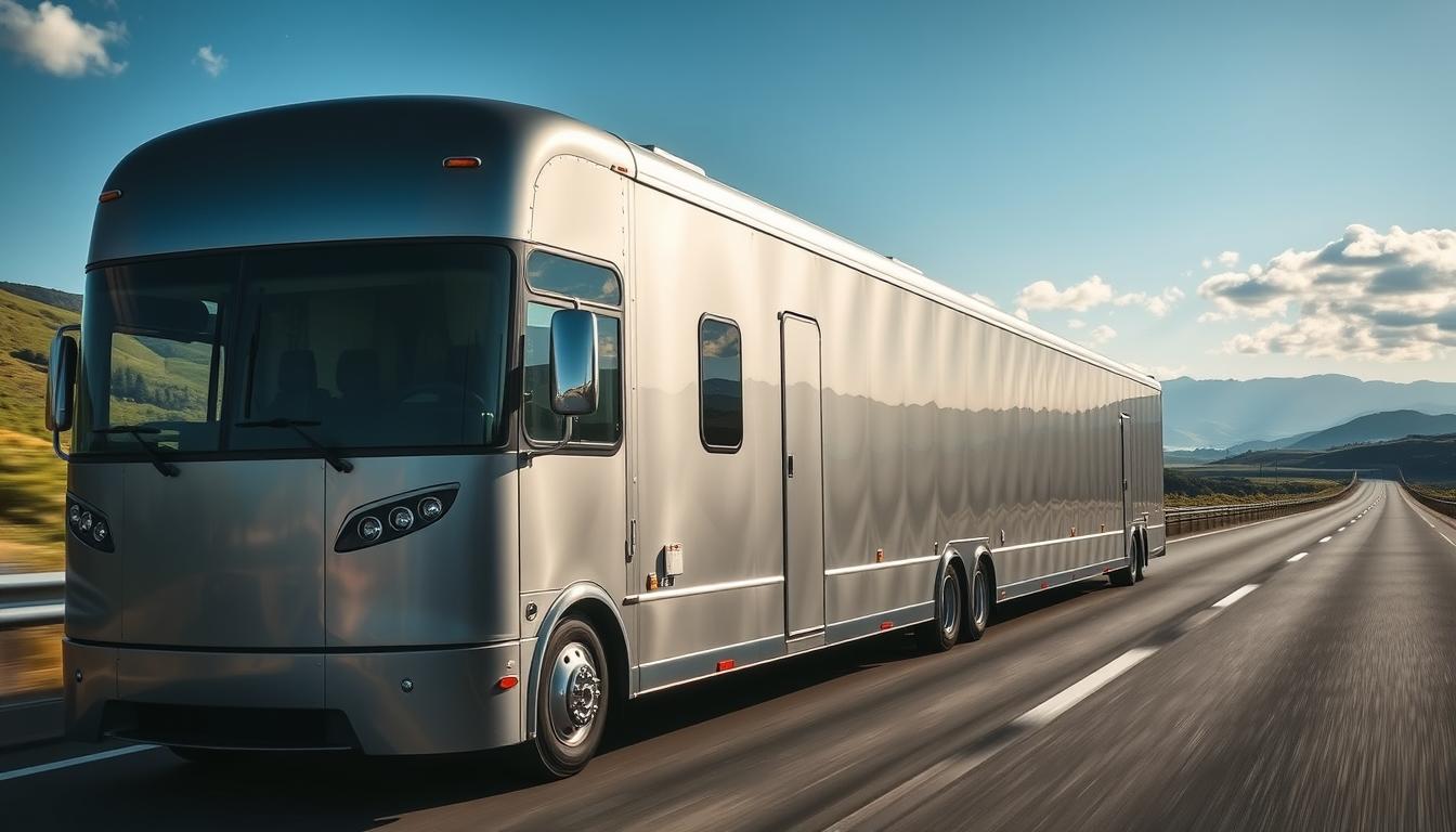 An enclosed auto transport vehicle glides down a sun-drenched highway, its sleek metallic body reflecting the azure sky. The trailer's aerodynamic design and tinted windows shield a precious cargo of high-end luxury automobiles from the elements, ensuring their safe passage across the continent. Powerful headlights pierce the shadows, while chrome accents gleam under the warm light. The transport's cab, piloted by a skilled driver, exudes an air of professionalism and attention to detail. In the background, lush, rolling hills and distant mountains create a picturesque landscape, setting the stage for a seamless, premium cross-country journey for the most discerning of clients.