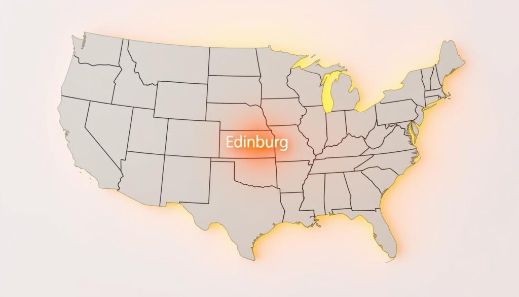 An expansive map of the United States, with Edinburg, Texas highlighted prominently in the center. The map is rendered in a clean, minimalist style, with state borders and major cities delineated in muted tones. The focus is on the service coverage area, which is depicted with a vibrant, saturated color that radiates outward from Edinburg, gradually fading into the surrounding states. The map is illuminated by a warm, golden light, creating a sense of reliability and efficiency. The overall composition conveys the comprehensive service area and the accessibility of Edinburg's car shipping services across the country. An expansive map of the United States, with Edinburg, Texas highlighted prominently in the center. The map is rendered in a clean, minimalist style, with state borders and major cities delineated in muted tones. The focus is on the service coverage area, which is depicted with a vibrant, saturated color that radiates outward from Edinburg, gradually fading into the surrounding states. The map is illuminated by a warm, golden light, creating a sense of reliability and efficiency. The overall composition conveys the comprehensive service area and the accessibility of Edinburg's car shipping services across the country.
