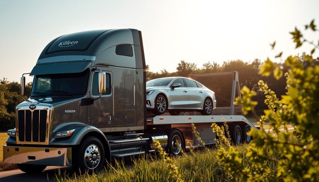 An imposing semi-truck transports a pristine silver sedan on a gleaming auto transport trailer, reflecting the sunlight on a clear day. The truck's cab is adorned with the logo of a reputable Killeen-based car shipping company, conveying a sense of professionalism and reliability. In the background, the lush greenery of the Texas landscape frames the scene, creating a serene and welcoming atmosphere. The composition emphasizes the seamless integration of the transportation service with the tranquil surroundings, evoking a feeling of secure and efficient auto transport in Killeen. An imposing semi-truck transports a pristine silver sedan on a gleaming auto transport trailer, reflecting the sunlight on a clear day. The truck's cab is adorned with the logo of a reputable Killeen-based car shipping company, conveying a sense of professionalism and reliability. In the background, the lush greenery of the Texas landscape frames the scene, creating a serene and welcoming atmosphere. The composition emphasizes the seamless integration of the transportation service with the tranquil surroundings, evoking a feeling of secure and efficient auto transport in Killeen.