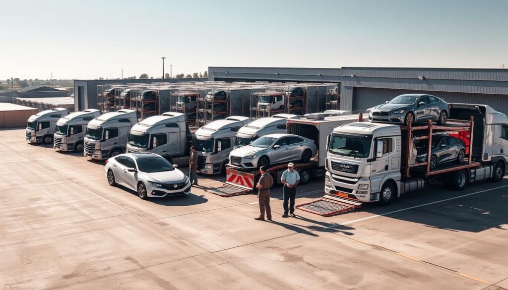 An impressive fleet of heavy-duty auto transport trucks stands in a well-lit, spacious shipping yard. The foreground features several gleaming new cars securely loaded onto the trucks, their sleek exteriors reflecting the bright sunlight. In the middle ground, uniformed workers expertly guide the loading process, ensuring every vehicle is stowed safely. The background showcases the company's expansive facilities, with rows of towering storage racks and a modern office building. The overall scene conveys a sense of efficiency, professionalism, and the company's commitment to providing trusted auto transport and car shipping services to the Tomball community. An impressive fleet of heavy-duty auto transport trucks stands in a well-lit, spacious shipping yard. The foreground features several gleaming new cars securely loaded onto the trucks, their sleek exteriors reflecting the bright sunlight. In the middle ground, uniformed workers expertly guide the loading process, ensuring every vehicle is stowed safely. The background showcases the company's expansive facilities, with rows of towering storage racks and a modern office building. The overall scene conveys a sense of efficiency, professionalism, and the company's commitment to providing trusted auto transport and car shipping services to the Tomball community.