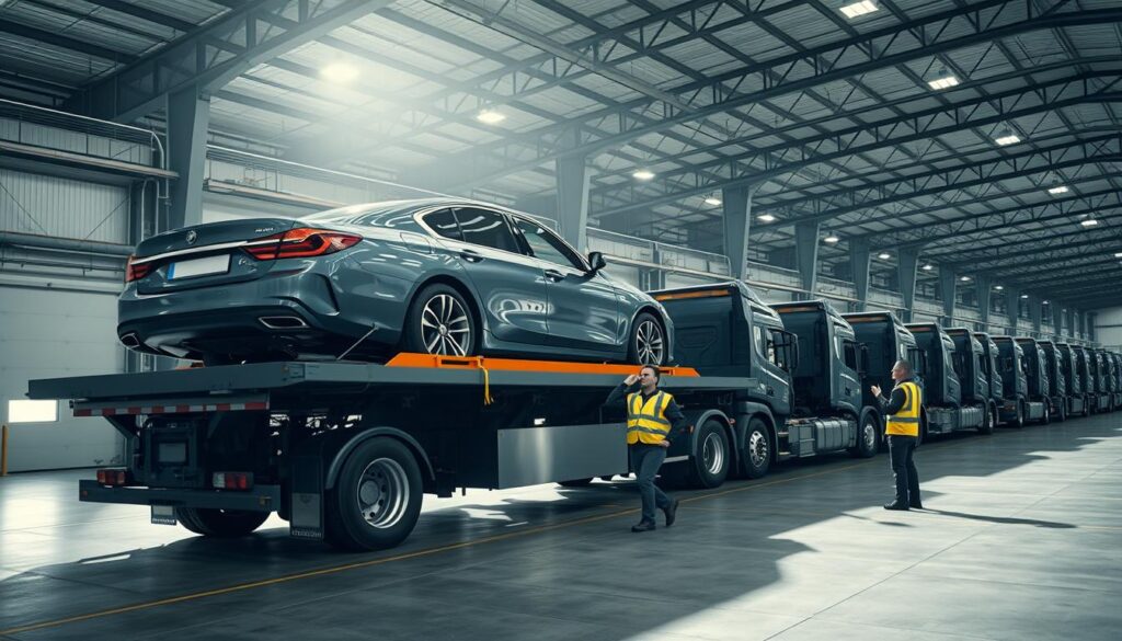 An industrial warehouse setting with high ceilings and a fleet of car transport trucks being loaded and unloaded. In the foreground, a large flatbed truck is gently lowering a luxury sedan onto its bed, its hydraulic lift system operating smoothly. In the middle ground, workers in reflective vests guide the vehicle positioning, using hand signals to communicate. The background features a row of similar transport trucks, their beds raised, ready to receive the next vehicles. Soft, directional lighting casts long shadows, creating a sense of depth and professionalism. The overall atmosphere conveys efficiency, care, and a well-oiled vehicle transport process. An industrial warehouse setting with high ceilings and a fleet of car transport trucks being loaded and unloaded. In the foreground, a large flatbed truck is gently lowering a luxury sedan onto its bed, its hydraulic lift system operating smoothly. In the middle ground, workers in reflective vests guide the vehicle positioning, using hand signals to communicate. The background features a row of similar transport trucks, their beds raised, ready to receive the next vehicles. Soft, directional lighting casts long shadows, creating a sense of depth and professionalism. The overall atmosphere conveys efficiency, care, and a well-oiled vehicle transport process.