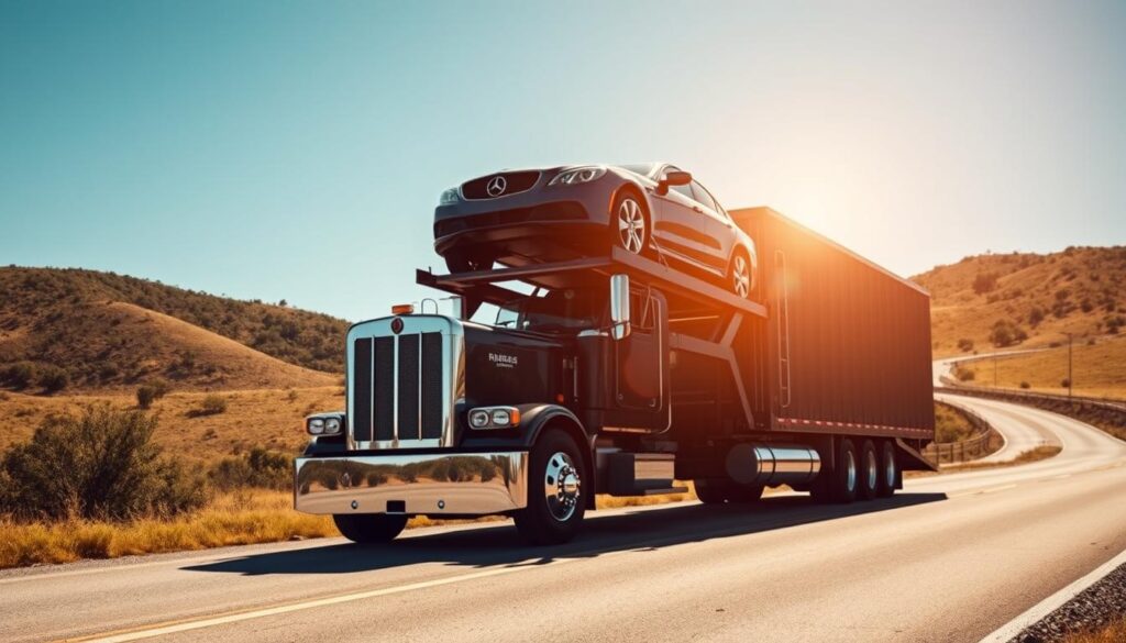 An open auto transport truck stands on a sun-dappled country road, its hydraulic lift extended and a shiny new car secured on the upper deck. In the foreground, the truck's chrome detailing and imposing front grille command attention, while the backdrop features rolling hills and a clear blue sky. The scene evokes the reliable and efficient transport of vehicles, with a sense of care and professionalism. The lighting is warm and natural, creating a welcoming atmosphere. This image captures the essence of the auto transport and car shipping services offered in Bastrop, showcasing the expertise and attention to detail that ensure a smooth and secure journey for every vehicle. An open auto transport truck stands on a sun-dappled country road, its hydraulic lift extended and a shiny new car secured on the upper deck. In the foreground, the truck's chrome detailing and imposing front grille command attention, while the backdrop features rolling hills and a clear blue sky. The scene evokes the reliable and efficient transport of vehicles, with a sense of care and professionalism. The lighting is warm and natural, creating a welcoming atmosphere. This image captures the essence of the auto transport and car shipping services offered in Bastrop, showcasing the expertise and attention to detail that ensure a smooth and secure journey for every vehicle.