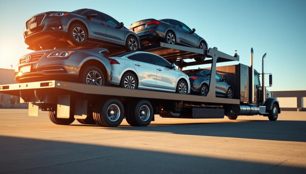 Detailed close-up shot of a car shipping service, showcasing a large car carrier truck transporting multiple vehicles on its flatbed. The truck is parked in a well-lit, paved outdoor lot with a clear blue sky in the background. The vehicles on the carrier have various makes and models, ranging from sedans to SUVs, all meticulously secured. The scene conveys a sense of efficiency, reliability, and the expertise of the car shipping company. Dramatic lighting from the side accentuates the rugged design of the truck and the gleaming finish of the cars. The overall composition highlights the professionalism and attention to detail of the Eagle Pass car shipping service. Detailed close-up shot of a car shipping service, showcasing a large car carrier truck transporting multiple vehicles on its flatbed. The truck is parked in a well-lit, paved outdoor lot with a clear blue sky in the background. The vehicles on the carrier have various makes and models, ranging from sedans to SUVs, all meticulously secured. The scene conveys a sense of efficiency, reliability, and the expertise of the car shipping company. Dramatic lighting from the side accentuates the rugged design of the truck and the gleaming finish of the cars. The overall composition highlights the professionalism and attention to detail of the Eagle Pass car shipping service.