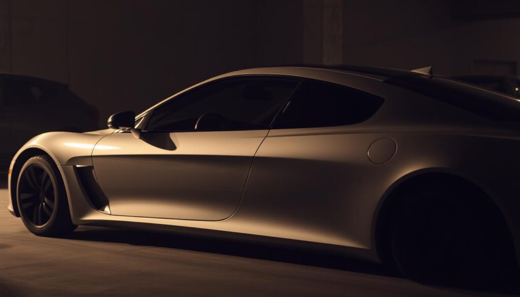Enclosed car, resting in a dimly lit garage. The sleek, aerodynamic body is bathed in soft, warm lighting, casting subtle shadows across the contoured surfaces. The vehicle's windows are tinted, obscuring the interior and creating an air of mystery. The background is hazy, with hints of concrete walls and the faint outline of other vehicles, placing the focus squarely on the subject. The mood is one of refinement, exclusivity, and the protection of a high-value asset. Enclosed car, resting in a dimly lit garage. The sleek, aerodynamic body is bathed in soft, warm lighting, casting subtle shadows across the contoured surfaces. The vehicle's windows are tinted, obscuring the interior and creating an air of mystery. The background is hazy, with hints of concrete walls and the faint outline of other vehicles, placing the focus squarely on the subject. The mood is one of refinement, exclusivity, and the protection of a high-value asset.