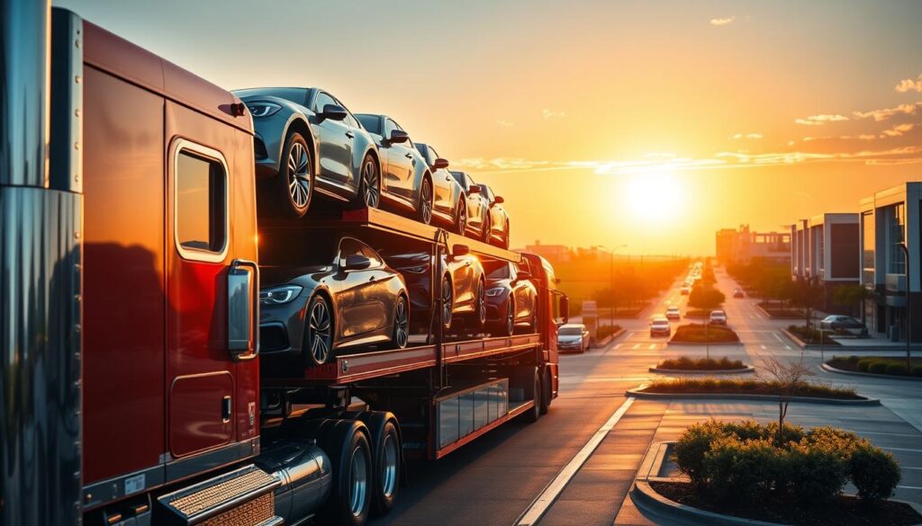Plano car shipping, a serene and secure scene. In the foreground, a gleaming car carrier truck, its polished chrome and vibrant red paint reflecting the warm afternoon sun. Atop the trailer, a fleet of pristine automobiles, meticulously cared for, ready for their journey. The middle ground reveals the bustling streets of Plano, with its well-manicured landscapes and modern architecture providing a backdrop of tranquility. The lighting is soft and natural, casting a golden glow over the entire tableau. The camera angle is slightly elevated, capturing the scale and professionalism of the car shipping operation. An atmosphere of trust and reliability permeates the image, reinforcing the section's promise of secure, timely delivery. Plano car shipping, a serene and secure scene. In the foreground, a gleaming car carrier truck, its polished chrome and vibrant red paint reflecting the warm afternoon sun. Atop the trailer, a fleet of pristine automobiles, meticulously cared for, ready for their journey. The middle ground reveals the bustling streets of Plano, with its well-manicured landscapes and modern architecture providing a backdrop of tranquility. The lighting is soft and natural, casting a golden glow over the entire tableau. The camera angle is slightly elevated, capturing the scale and professionalism of the car shipping operation. An atmosphere of trust and reliability permeates the image, reinforcing the section's promise of secure, timely delivery.