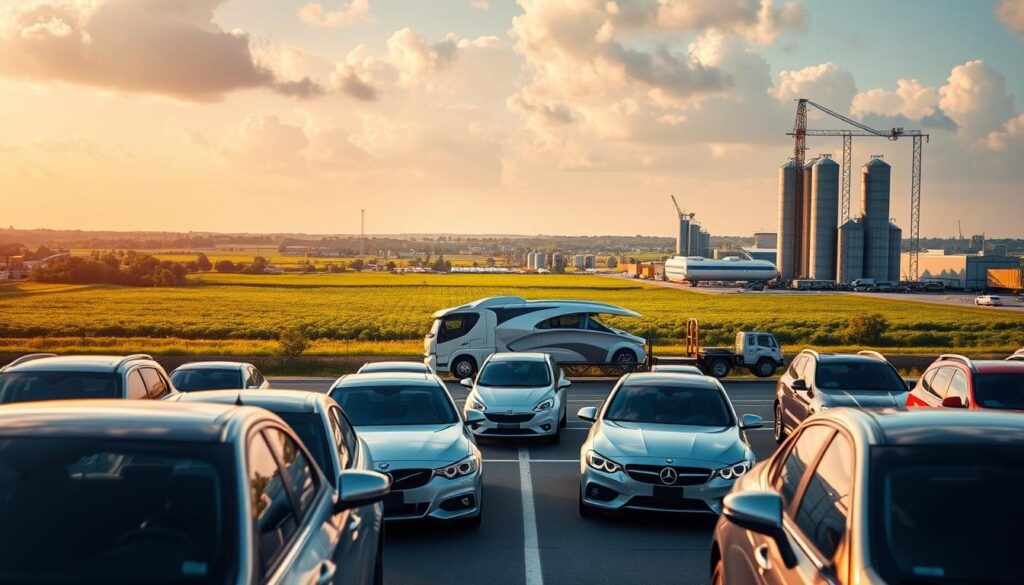 Plantation car shipping: A bustling hub of transportation efficiency. In the foreground, a fleet of gleaming automobiles awaits their journey, their polished exteriors reflecting the warm, golden sunlight. In the middle ground, a modern, state-of-the-art car carrier stands ready to transport these vehicles with precision and care. The background features a sprawling landscape of lush greenery, punctuated by the towering silos and buildings that characterize Plantation's thriving logistics infrastructure. The scene exudes a sense of industry and expertise, capturing the essence of Plantation as a strategic hub for reliable auto transport and car shipping. Plantation car shipping: A bustling hub of transportation efficiency. In the foreground, a fleet of gleaming automobiles awaits their journey, their polished exteriors reflecting the warm, golden sunlight. In the middle ground, a modern, state-of-the-art car carrier stands ready to transport these vehicles with precision and care. The background features a sprawling landscape of lush greenery, punctuated by the towering silos and buildings that characterize Plantation's thriving logistics infrastructure. The scene exudes a sense of industry and expertise, capturing the essence of Plantation as a strategic hub for reliable auto transport and car shipping.