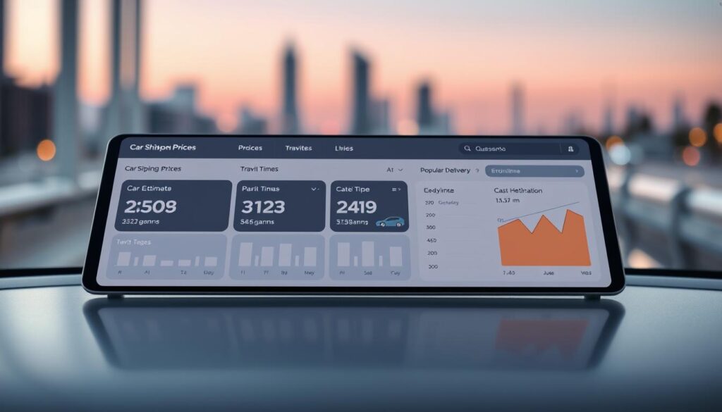 Pleasanton car shipping prices and transit times displayed on a clean, minimalist dashboard interface. A modern, sleek design with clear data visualizations showcasing shipping cost estimates and expected delivery timelines for popular vehicle types. The dashboard is bathed in warm, neutral lighting, creating a professional, trustworthy atmosphere. Subtle reflections on the dashboard's glossy surface add depth and realism. The composition places the dashboard at the center, filling the frame, with a blurred background hinting at the Pleasanton cityscape beyond.