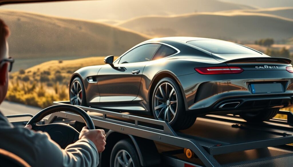 Prompt A gleaming luxury car sits atop a specialized transport trailer, the sun's rays bouncing off its sleek, polished exterior. In the foreground, a skilled driver carefully maneuvers the trailer, their hands steady on the wheel. The background is a serene landscape, rolling hills and lush greenery framing the scene. Soft, warm lighting bathes the entire composition, creating a sense of elegance and professionalism. The image conveys the expertise and care required to safely transport high-end vehicles, perfectly capturing the essence of the "Luxury Vehicle Transport" article. Prompt A gleaming luxury car sits atop a specialized transport trailer, the sun's rays bouncing off its sleek, polished exterior. In the foreground, a skilled driver carefully maneuvers the trailer, their hands steady on the wheel. The background is a serene landscape, rolling hills and lush greenery framing the scene. Soft, warm lighting bathes the entire composition, creating a sense of elegance and professionalism. The image conveys the expertise and care required to safely transport high-end vehicles, perfectly capturing the essence of the "Luxury Vehicle Transport" article.