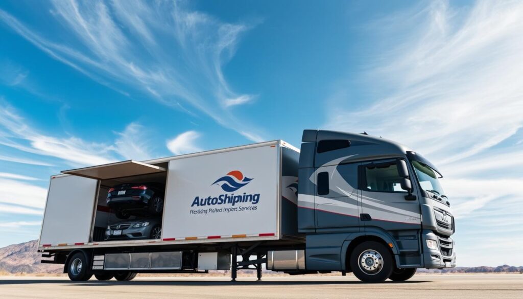 Prompt A high-quality image of professional auto shipping services in Mesquite, Nevada. The foreground depicts a modern, well-equipped auto transport truck with its rear door open, showcasing the interior car storage space. Vehicles of various makes and models are securely loaded inside, suggesting the company's expertise in safe vehicle transportation. The middle ground features the company's branding and logo prominently displayed on the truck's side. In the background, a clear blue sky with wispy clouds sets the scene, conveying a sense of reliability and trustworthiness. The lighting is natural and evenly distributed, creating a sharp, detailed look. The overall composition is balanced and visually appealing, reflecting the professionalism and reliability of the auto shipping services. Prompt A high-quality image of professional auto shipping services in Mesquite, Nevada. The foreground depicts a modern, well-equipped auto transport truck with its rear door open, showcasing the interior car storage space. Vehicles of various makes and models are securely loaded inside, suggesting the company's expertise in safe vehicle transportation. The middle ground features the company's branding and logo prominently displayed on the truck's side. In the background, a clear blue sky with wispy clouds sets the scene, conveying a sense of reliability and trustworthiness. The lighting is natural and evenly distributed, creating a sharp, detailed look. The overall composition is balanced and visually appealing, reflecting the professionalism and reliability of the auto shipping services.