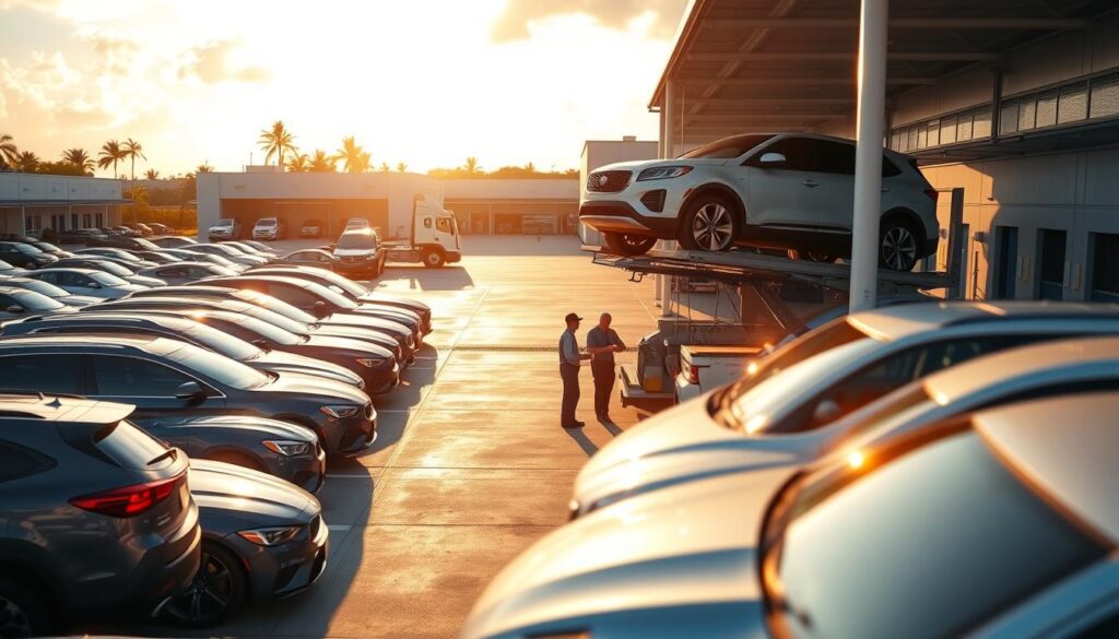 Prompt A modern car shipping depot in Boca Raton, FL, bathed in warm afternoon sunlight. Rows of diverse vehicles awaiting transport, their exteriors gleaming. In the foreground, a team of skilled operators carefully loading a luxury SUV onto a specialized car carrier truck. In the middle ground, other carriers are being prepped, their hydraulic lifts extended. The background features the company's clean, well-organized facilities, with storage areas and administrative buildings. An atmosphere of efficiency, reliability, and attention to detail pervades the scene, conveying the professionalism of Boca Raton's trusted car shipping services. Prompt A modern car shipping depot in Boca Raton, FL, bathed in warm afternoon sunlight. Rows of diverse vehicles awaiting transport, their exteriors gleaming. In the foreground, a team of skilled operators carefully loading a luxury SUV onto a specialized car carrier truck. In the middle ground, other carriers are being prepped, their hydraulic lifts extended. The background features the company's clean, well-organized facilities, with storage areas and administrative buildings. An atmosphere of efficiency, reliability, and attention to detail pervades the scene, conveying the professionalism of Boca Raton's trusted car shipping services.