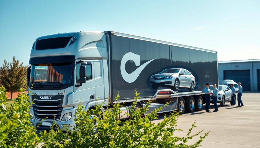 Prompt A well-lit, high-resolution photograph of a reliable car shipping service in McKinney, Texas. In the foreground, a modern enclosed car carrier truck with the company's logo prominently displayed. The truck is surrounded by lush greenery and a clear blue sky, creating a sense of professionalism and attention to customer care. In the middle ground, a team of uniformed, friendly staff assisting customers with the loading and unloading of their vehicles. The background features the company's secure, state-of-the-art storage facility, conveying a sense of safety and attention to detail. The overall atmosphere is one of trust, reliability, and exceptional customer service. Prompt A well-lit, high-resolution photograph of a reliable car shipping service in McKinney, Texas. In the foreground, a modern enclosed car carrier truck with the company's logo prominently displayed. The truck is surrounded by lush greenery and a clear blue sky, creating a sense of professionalism and attention to customer care. In the middle ground, a team of uniformed, friendly staff assisting customers with the loading and unloading of their vehicles. The background features the company's secure, state-of-the-art storage facility, conveying a sense of safety and attention to detail. The overall atmosphere is one of trust, reliability, and exceptional customer service.
