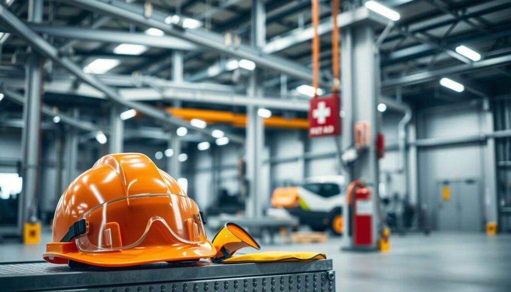Safety equipment in a well-lit, industrial setting. In the foreground, a hard hat, safety goggles, and high-visibility vest are neatly arranged on a metal workbench. In the middle ground, a fire extinguisher and first-aid kit are mounted on the wall, indicating a focus on comprehensive workplace safety. The background showcases the interior of a large, modern warehouse or factory, with exposed beams, pipes, and concrete floors, conveying a sense of scale and purpose. Soft, directional lighting illuminates the scene, creating a sense of order and professionalism. The overall atmosphere is one of diligence, preparedness, and a commitment to the well-being of workers. Safety equipment in a well-lit, industrial setting. In the foreground, a hard hat, safety goggles, and high-visibility vest are neatly arranged on a metal workbench. In the middle ground, a fire extinguisher and first-aid kit are mounted on the wall, indicating a focus on comprehensive workplace safety. The background showcases the interior of a large, modern warehouse or factory, with exposed beams, pipes, and concrete floors, conveying a sense of scale and purpose. Soft, directional lighting illuminates the scene, creating a sense of order and professionalism. The overall atmosphere is one of diligence, preparedness, and a commitment to the well-being of workers.