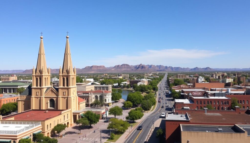 Vibrant cityscape of San Angelo, Texas, framed by a cloudless sky and warm afternoon sun. In the foreground, the iconic twin spires of the San Angelo Cathedral stand tall, their limestone façade glowing. Surrounding the cathedral, the bustling streets are lined with well-maintained historic buildings, their adobe and brick exteriors reflecting the city's rich Spanish heritage. In the middle ground, the Concho River winds its way through the heart of the city, its banks dotted with lush green trees and pedestrian paths. In the distance, the rugged hills of West Texas rise up, providing a dramatic backdrop to the thriving urban center. The overall scene conveys a sense of prosperity, community, and the reliable, steady nature of San Angelo's auto transport and car shipping services. Vibrant cityscape of San Angelo, Texas, framed by a cloudless sky and warm afternoon sun. In the foreground, the iconic twin spires of the San Angelo Cathedral stand tall, their limestone façade glowing. Surrounding the cathedral, the bustling streets are lined with well-maintained historic buildings, their adobe and brick exteriors reflecting the city's rich Spanish heritage. In the middle ground, the Concho River winds its way through the heart of the city, its banks dotted with lush green trees and pedestrian paths. In the distance, the rugged hills of West Texas rise up, providing a dramatic backdrop to the thriving urban center. The overall scene conveys a sense of prosperity, community, and the reliable, steady nature of San Angelo's auto transport and car shipping services.