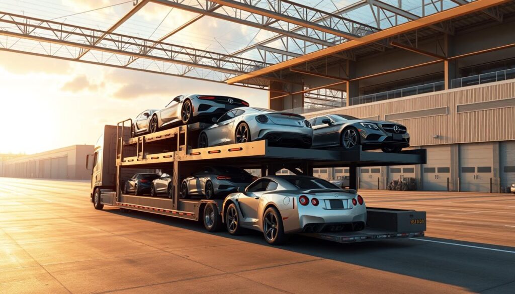 a detailed 3D rendering of a large car carrier truck transporting several luxury sedans, SUVs, and sports cars on a multi-level trailer, parked in a busy urban freight depot in Irving, Texas, with warehouses and office buildings in the background, under warm afternoon sunlight with soft shadows, captured with a wide-angle lens to emphasize the scale and volume of the vehicle and cargo a detailed 3D rendering of a large car carrier truck transporting several luxury sedans, SUVs, and sports cars on a multi-level trailer, parked in a busy urban freight depot in Irving, Texas, with warehouses and office buildings in the background, under warm afternoon sunlight with soft shadows, captured with a wide-angle lens to emphasize the scale and volume of the vehicle and cargo
