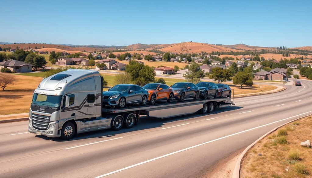 a detailed, photorealistic illustration of an auto transport truck transporting several cars on the road in Round Rock, Texas. The truck is in the foreground, with a sleek, modern design and the company's logo prominently displayed. The cars on the trailer are a mix of sedans, SUVs, and sports cars, each meticulously rendered. The middle ground features the suburban landscape of Round Rock, with neatly manicured lawns, trees, and residential homes. In the background, the rolling hills and clear blue sky create a picturesque setting. The lighting is natural and warm, casting soft shadows and highlights on the vehicles and surroundings. The composition is balanced and the perspective is slightly elevated, giving the viewer a sense of scale and depth. a detailed, photorealistic illustration of an auto transport truck transporting several cars on the road in Round Rock, Texas. The truck is in the foreground, with a sleek, modern design and the company's logo prominently displayed. The cars on the trailer are a mix of sedans, SUVs, and sports cars, each meticulously rendered. The middle ground features the suburban landscape of Round Rock, with neatly manicured lawns, trees, and residential homes. In the background, the rolling hills and clear blue sky create a picturesque setting. The lighting is natural and warm, casting soft shadows and highlights on the vehicles and surroundings. The composition is balanced and the perspective is slightly elevated, giving the viewer a sense of scale and depth.