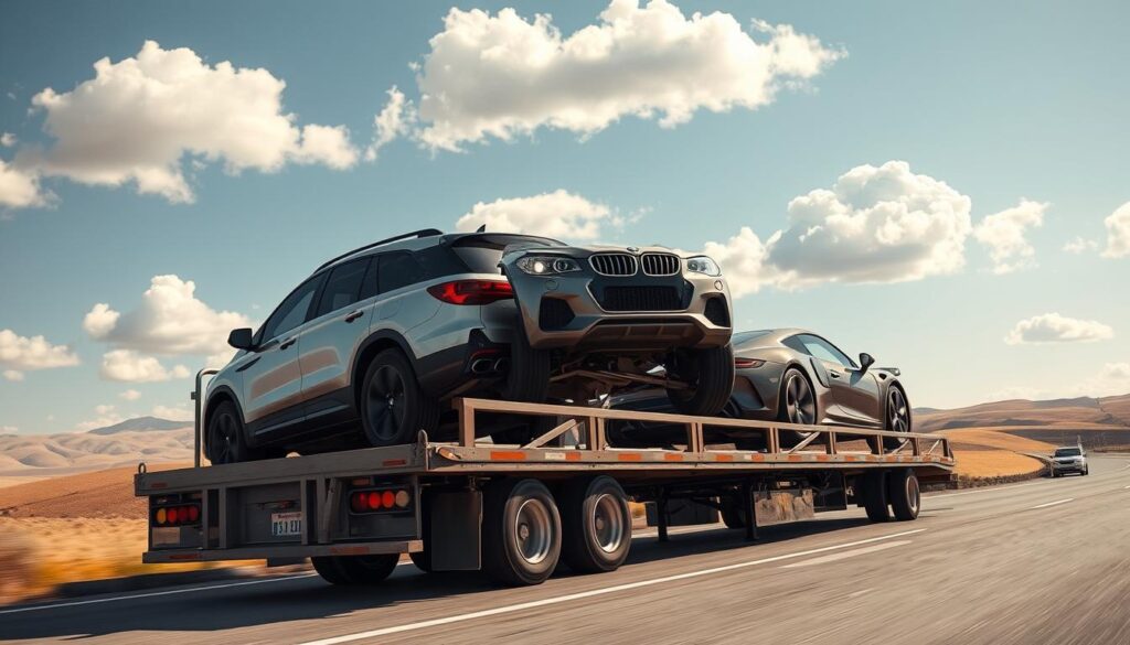 a detailed, photorealistic image of a car being transported on a professional car shipping trailer, with the trailer moving along a highway in a warm, sunny landscape. The trailer is carrying several different types of vehicles, including a large SUV, a sedan, and a sports car. The trailer is well-lit, with the sunlight creating highlights and shadows that give the scene depth and dimension. The background features rolling hills, blue skies, and fluffy white clouds, creating a serene and peaceful atmosphere. The camera angle is slightly elevated, giving a clear view of the trailer and the vehicles it is carrying, with the highway stretching out in the distance.