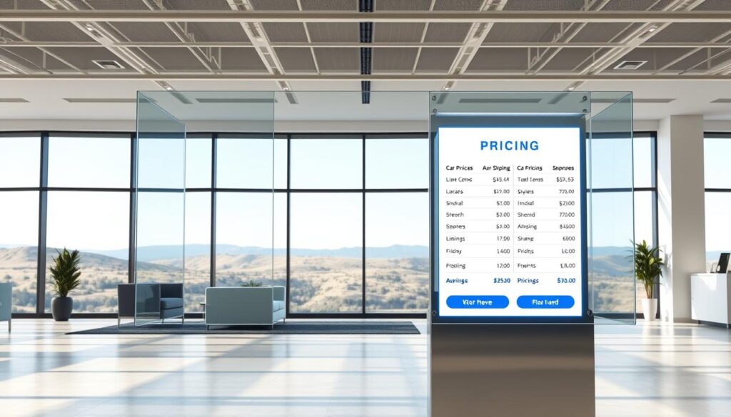 a detailed realistic 3d render of a transparent glass pricing display in a modern auto transport company showroom in new braunfels, texas. the display is backlit and features clear pricing information for car shipping services in 2025, with a minimalist white and blue color scheme. the foreground shows the display case itself, with high-quality materiality and reflections. the middle ground depicts a clean, well-lit showroom space with sleek furniture and decor. the background features large windows overlooking the texas hill country landscape. the lighting is bright and natural, creating a professional and trustworthy atmosphere. a detailed realistic 3d render of a transparent glass pricing display in a modern auto transport company showroom in new braunfels, texas. the display is backlit and features clear pricing information for car shipping services in 2025, with a minimalist white and blue color scheme. the foreground shows the display case itself, with high-quality materiality and reflections. the middle ground depicts a clean, well-lit showroom space with sleek furniture and decor. the background features large windows overlooking the texas hill country landscape. the lighting is bright and natural, creating a professional and trustworthy atmosphere.