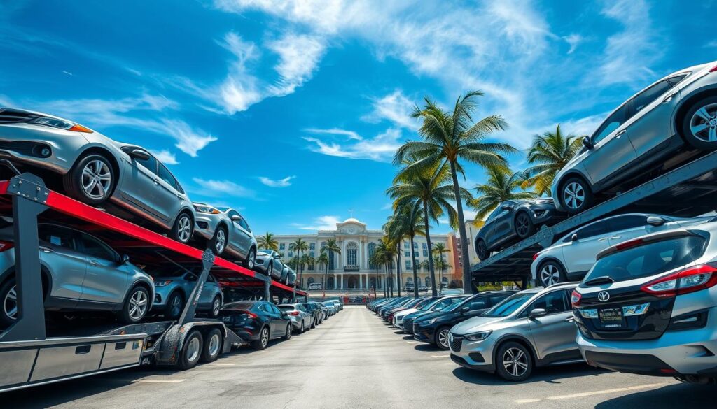 a detailed wide-angle photograph of a car shipping yard in Miami Beach, Florida. In the foreground, several large car carriers with stacked vehicles are parked in an orderly fashion, their chrome trim and glossy paint reflecting the bright sunlight. The middle ground shows rows of neatly organized cars and SUVs, each securely tied down and ready for transport. In the background, the iconic palm trees and Art Deco architecture of Miami Beach set the scene, the azure sky dotted with wispy clouds. The image conveys a sense of efficiency and professionalism in the auto transport industry, capturing the essence of a reliable car shipping operation in this vibrant coastal city.