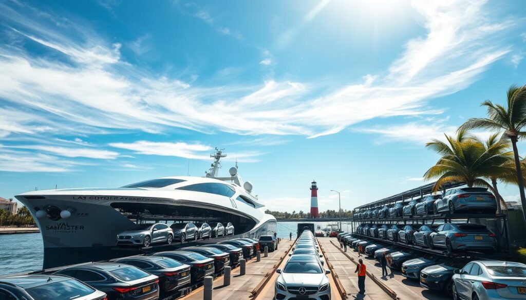 a futuristic, high-tech car transport ship docked at a modern port in Jupiter, Florida. The vessel's sleek, aerodynamic design is illuminated by bright, natural sunlight filtering through wispy cirrus clouds in a clear azure sky. In the foreground, rows of gleaming, freshly washed cars are carefully loaded onto the ship's multi-level decks using advanced robotic systems. The middle ground features the bustling activity of dock workers and logistics personnel overseeing the efficient operation. In the background, towering palm trees sway gently, and the distinctive Jupiter Lighthouse stands as a iconic landmark on the horizon. a futuristic, high-tech car transport ship docked at a modern port in Jupiter, Florida. The vessel's sleek, aerodynamic design is illuminated by bright, natural sunlight filtering through wispy cirrus clouds in a clear azure sky. In the foreground, rows of gleaming, freshly washed cars are carefully loaded onto the ship's multi-level decks using advanced robotic systems. The middle ground features the bustling activity of dock workers and logistics personnel overseeing the efficient operation. In the background, towering palm trees sway gently, and the distinctive Jupiter Lighthouse stands as a iconic landmark on the horizon.