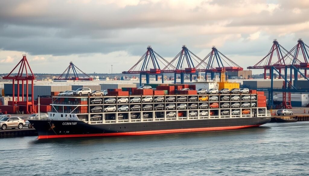 a large container ship carrying various car models on multiple decks, docked at a busy port with cranes, warehouses, and other shipping infrastructure in the background, under a cloudy sky with soft natural lighting, capturing the scale and logistics of the car shipping industry in Victoria, Australia a large container ship carrying various car models on multiple decks, docked at a busy port with cranes, warehouses, and other shipping infrastructure in the background, under a cloudy sky with soft natural lighting, capturing the scale and logistics of the car shipping industry in Victoria, Australia
