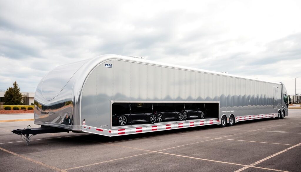 a large, enclosed car transport trailer with a reflective silver exterior, parked on a paved lot under a cloudy sky with soft, diffused lighting. The trailer has a sleek, aerodynamic design with rounded edges and a gently sloping roof. The interior is visible through the open rear doors, revealing rows of luxury vehicles securely strapped inside. The trailer is surrounded by a well-maintained parking area, with minimal distractions in the background, allowing the viewer to focus on the main subject. The overall scene conveys a sense of professionalism, safety, and attention to detail in the vehicle transport industry. a large, enclosed car transport trailer with a reflective silver exterior, parked on a paved lot under a cloudy sky with soft, diffused lighting. The trailer has a sleek, aerodynamic design with rounded edges and a gently sloping roof. The interior is visible through the open rear doors, revealing rows of luxury vehicles securely strapped inside. The trailer is surrounded by a well-maintained parking area, with minimal distractions in the background, allowing the viewer to focus on the main subject. The overall scene conveys a sense of professionalism, safety, and attention to detail in the vehicle transport industry.