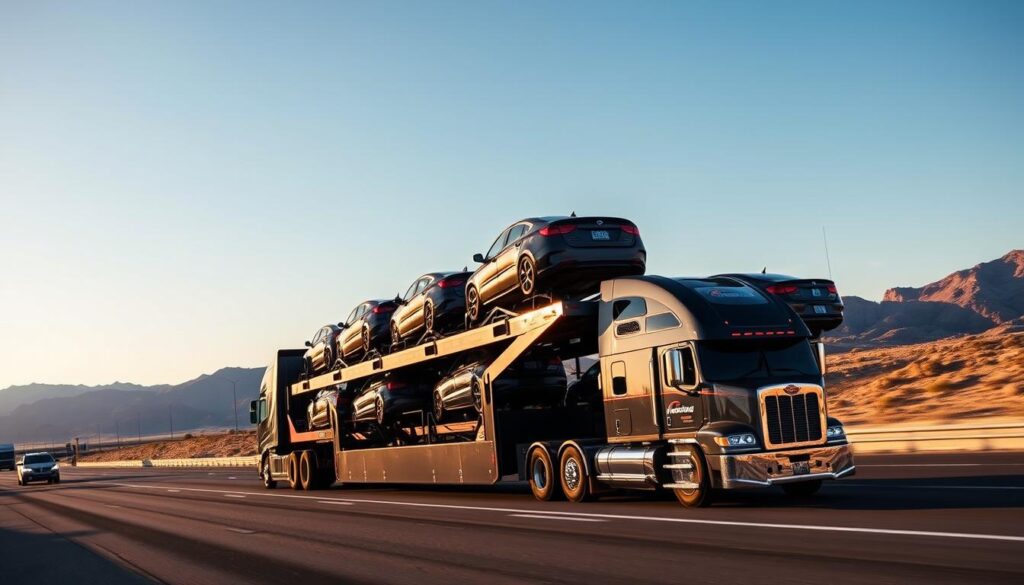 a sleek, modern car carrier truck transporting several vehicles on a multi-level platform, driving along a scenic highway in Henderson, Nevada, with mountains and a cloudless blue sky in the background. The truck is illuminated by warm, natural sunlight and the vehicles it's carrying are neatly arranged, creating a visually appealing and organized composition. The truck is emblazoned with the logo and branding of a professional auto transport company, conveying a sense of expertise and reliability.