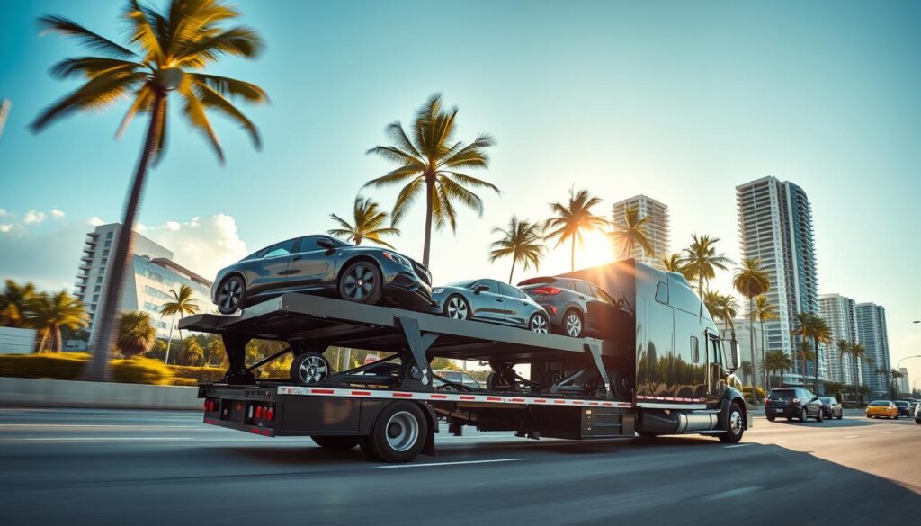 a well-lit, wide-angle shot of a car carrier truck transporting luxury sedans and SUVs on a busy urban highway in North Miami, Florida. The truck is moving smoothly through traffic, its glossy black paint reflecting the sun's rays. In the foreground, the car carrier's ramp is extended, revealing several high-end vehicles secured on the upper and lower decks. The middle ground features towering palm trees and modern skyscrapers lining the street, while the background showcases a cloudless, azure sky. The overall scene conveys a sense of efficiency, reliability, and the premium quality of the car shipping services offered in this vibrant, coastal city. a well-lit, wide-angle shot of a car carrier truck transporting luxury sedans and SUVs on a busy urban highway in North Miami, Florida. The truck is moving smoothly through traffic, its glossy black paint reflecting the sun's rays. In the foreground, the car carrier's ramp is extended, revealing several high-end vehicles secured on the upper and lower decks. The middle ground features towering palm trees and modern skyscrapers lining the street, while the background showcases a cloudless, azure sky. The overall scene conveys a sense of efficiency, reliability, and the premium quality of the car shipping services offered in this vibrant, coastal city.