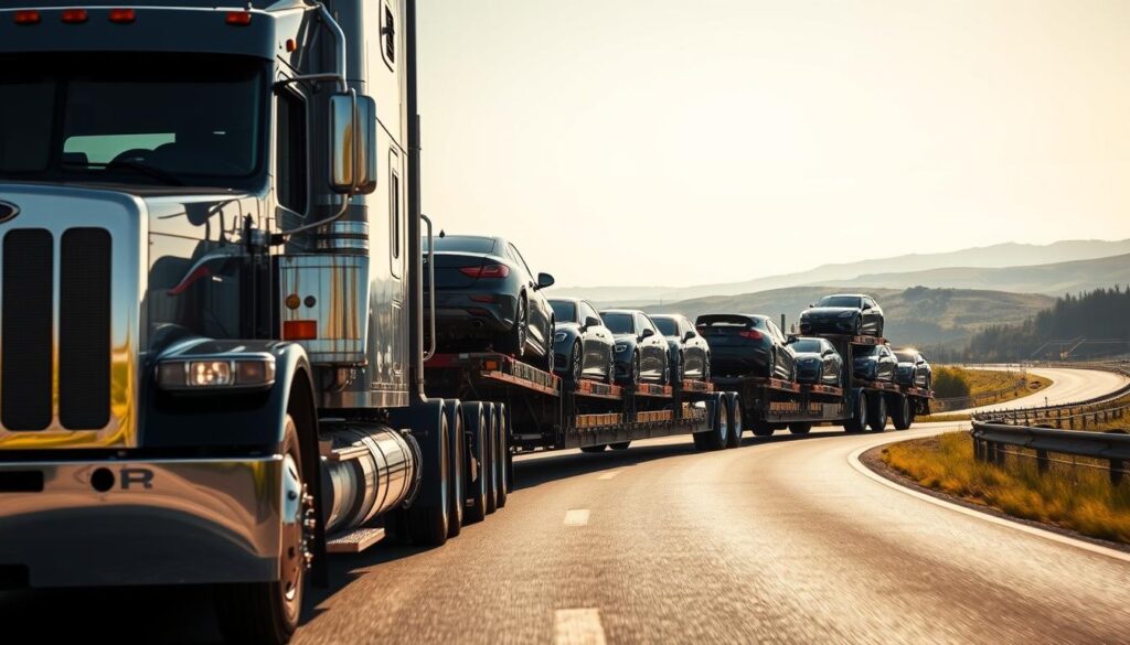 A Pullman car carrier transports a fleet of gleaming automobiles on a long, winding highway. The sleek, aerodynamic truck navigates the open road, its powerful engine rumbling with purpose. In the foreground, the Pullman's chrome grille and bold headlights command attention, hinting at the precious cargo it carries. The middle ground reveals the meticulously stacked cars, secured with sturdy straps and fasteners, their polished exteriors reflecting the brilliant sunlight. The distant horizon is painted with rolling hills and lush greenery, creating a serene, picturesque backdrop for this efficient, reliable automotive transport.
