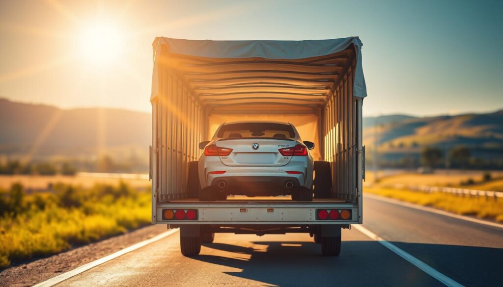 A bright, open-air auto transport trailer stands on a sun-drenched highway, its metal framework and canvas cover creating a captivating silhouette. The trailer's rear doors are open, revealing the interior's spacious cargo area, ready to securely transport a collection of gleaming automobiles. The scene is bathed in warm, golden light, casting long shadows that convey a sense of scale and depth. The surrounding landscape is a blur of lush greenery and distant rolling hills, creating a picturesque backdrop for this efficient and reliable mode of vehicle transport. A bright, open-air auto transport trailer stands on a sun-drenched highway, its metal framework and canvas cover creating a captivating silhouette. The trailer's rear doors are open, revealing the interior's spacious cargo area, ready to securely transport a collection of gleaming automobiles. The scene is bathed in warm, golden light, casting long shadows that convey a sense of scale and depth. The surrounding landscape is a blur of lush greenery and distant rolling hills, creating a picturesque backdrop for this efficient and reliable mode of vehicle transport.
