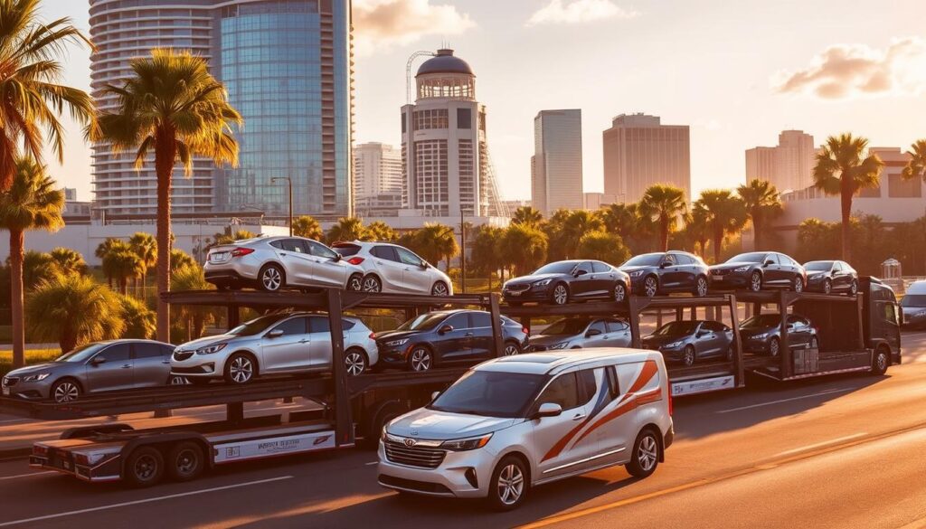 A bustling Jacksonville cityscape with towering skyscrapers and lush palm trees in the background. In the foreground, a fleet of modern car carriers transporting a diverse selection of vehicles, including sedans, SUVs, and luxury models. The scene is bathed in warm, golden sunlight, creating a sense of efficiency and reliability. The carriers are adorned with the branding of a reputable auto transport company, conveying professionalism and expertise. The composition emphasizes the seamless integration of the transportation service within the vibrant urban environment, reflecting the "Reliable Car Shipping and Auto Transport Jackson Services You Can Count On". A bustling Jacksonville cityscape with towering skyscrapers and lush palm trees in the background. In the foreground, a fleet of modern car carriers transporting a diverse selection of vehicles, including sedans, SUVs, and luxury models. The scene is bathed in warm, golden sunlight, creating a sense of efficiency and reliability. The carriers are adorned with the branding of a reputable auto transport company, conveying professionalism and expertise. The composition emphasizes the seamless integration of the transportation service within the vibrant urban environment, reflecting the "Reliable Car Shipping and Auto Transport Jackson Services You Can Count On".
