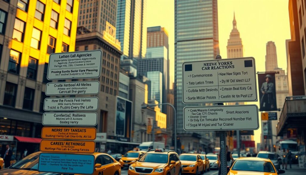 A bustling New York City street, with towering skyscrapers and iconic yellow cabs in the background. In the foreground, a collection of informative signs and directories highlighting various government agencies, regulatory bodies, and helpful resources for compliance and transport-related matters. The scene is bathed in warm, golden sunlight, conveying a sense of professionalism and reliability. The overall composition suggests a comprehensive and organized approach to navigating the complexities of car shipping and auto transport in the dynamic metropolis.