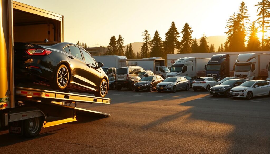 A bustling Snohomish transportation hub, with a fleet of modern car carriers prominently displayed. The scene is bathed in warm, golden afternoon light, casting long shadows across the paved loading area. In the foreground, a gleaming sedan is securely loaded onto a specialized transport truck, its wheels firmly secured in place. In the middle ground, additional vehicles of various makes and models await their turn to be loaded, while in the background, the iconic Snohomish skyline rises, framed by towering pine trees. The atmosphere conveys a sense of efficiency, professionalism, and the reliability of the Snohomish car shipping industry. A bustling Snohomish transportation hub, with a fleet of modern car carriers prominently displayed. The scene is bathed in warm, golden afternoon light, casting long shadows across the paved loading area. In the foreground, a gleaming sedan is securely loaded onto a specialized transport truck, its wheels firmly secured in place. In the middle ground, additional vehicles of various makes and models await their turn to be loaded, while in the background, the iconic Snohomish skyline rises, framed by towering pine trees. The atmosphere conveys a sense of efficiency, professionalism, and the reliability of the Snohomish car shipping industry.