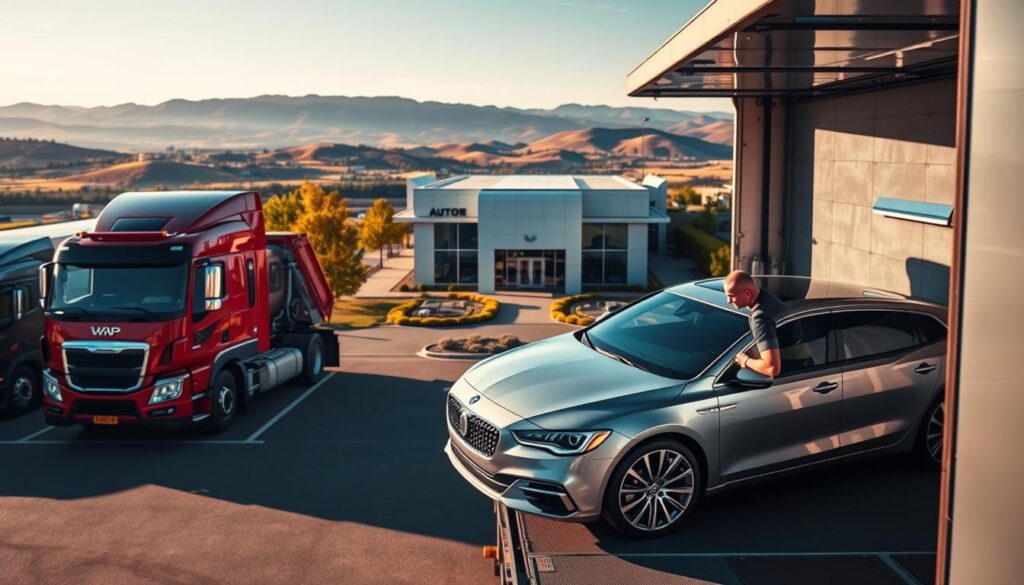 A bustling auto transport company, its fleet of heavy-duty trucks lined up in a well-organized yard. In the foreground, a shiny, freshly polished car is being carefully loaded onto a trailer, the driver meticulously securing it in place. The middle ground features a modern, sleek office building with a prominent company logo, surrounded by an expertly landscaped area. In the background, a panoramic view of rolling hills and a clear blue sky, creating a sense of reliable nationwide coverage. The scene is illuminated by warm, golden lighting, conveying a professional and trustworthy atmosphere. A bustling auto transport company, its fleet of heavy-duty trucks lined up in a well-organized yard. In the foreground, a shiny, freshly polished car is being carefully loaded onto a trailer, the driver meticulously securing it in place. The middle ground features a modern, sleek office building with a prominent company logo, surrounded by an expertly landscaped area. In the background, a panoramic view of rolling hills and a clear blue sky, creating a sense of reliable nationwide coverage. The scene is illuminated by warm, golden lighting, conveying a professional and trustworthy atmosphere.