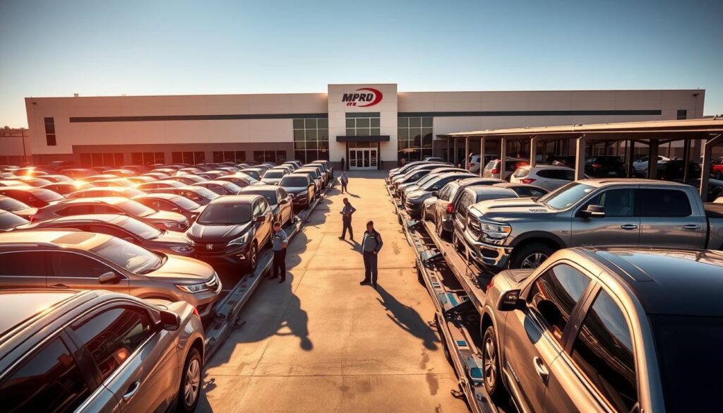 A bustling auto transport facility in Pine Bluff, AR, with well-organized rows of vehicles awaiting shipment. The foreground depicts a fleet of gleaming sedans, SUVs, and pickup trucks securely loaded onto specialized car carriers, their exteriors reflecting the sun's warm glow. In the middle ground, uniformed staff members diligently inspect the cargo, ensuring a smooth and efficient loading process. The background showcases the company's modern headquarters, its sleek architecture and signage prominently displayed. The scene conveys a sense of professionalism, attention to detail, and a commitment to providing reliable auto transport services to the local community. Captured with a wide-angle lens, the image offers a comprehensive view of the comprehensive auto transport operations in Pine Bluff. A bustling auto transport facility in Pine Bluff, AR, with well-organized rows of vehicles awaiting shipment. The foreground depicts a fleet of gleaming sedans, SUVs, and pickup trucks securely loaded onto specialized car carriers, their exteriors reflecting the sun's warm glow. In the middle ground, uniformed staff members diligently inspect the cargo, ensuring a smooth and efficient loading process. The background showcases the company's modern headquarters, its sleek architecture and signage prominently displayed. The scene conveys a sense of professionalism, attention to detail, and a commitment to providing reliable auto transport services to the local community. Captured with a wide-angle lens, the image offers a comprehensive view of the comprehensive auto transport operations in Pine Bluff.