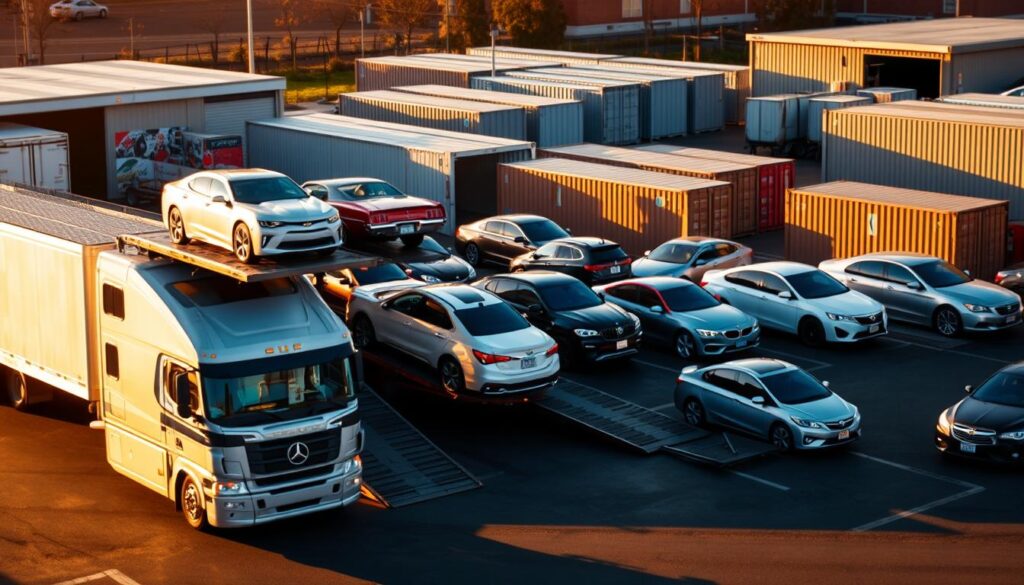 A bustling auto transport hub in Mountlake Terrace, with a fleet of diverse transport trucks and vehicles waiting to be loaded. In the foreground, a well-lit car carrier stands ready, its ramps extended, ready to receive its precious cargo. The middle ground features a mix of sedans, SUVs, and classic cars being carefully maneuvered onto the carrier's decks, while in the background, a row of storage containers and a well-maintained facility create a sense of order and efficiency. The scene is bathed in a warm, golden light, casting long shadows and lending a sense of dynamism to the proceedings. The overall atmosphere conveys a professional, reliable, and customer-centric auto transport operation serving the Mountlake Terrace community.