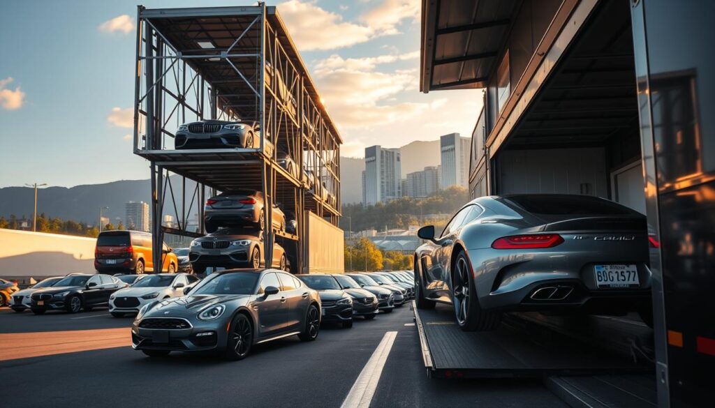 A bustling auto transport hub, with towering car carriers and gleaming vehicles awaiting their journey. In the foreground, a sleek sports car is carefully loaded onto the trailer, its metallic finish catching the warm glow of the afternoon sun. In the middle ground, a row of SUVs and sedans are meticulously organized, ready to be transported to their destinations. In the background, the expansive Tualatin skyline rises, its modern architecture and lush greenery creating a dynamic, urban backdrop. The scene is captured with a wide-angle lens, showcasing the scale and efficiency of this car shipping operation, with a crisp, cinematic lighting that highlights the precision and care taken in every aspect of the process. A bustling auto transport hub, with towering car carriers and gleaming vehicles awaiting their journey. In the foreground, a sleek sports car is carefully loaded onto the trailer, its metallic finish catching the warm glow of the afternoon sun. In the middle ground, a row of SUVs and sedans are meticulously organized, ready to be transported to their destinations. In the background, the expansive Tualatin skyline rises, its modern architecture and lush greenery creating a dynamic, urban backdrop. The scene is captured with a wide-angle lens, showcasing the scale and efficiency of this car shipping operation, with a crisp, cinematic lighting that highlights the precision and care taken in every aspect of the process.