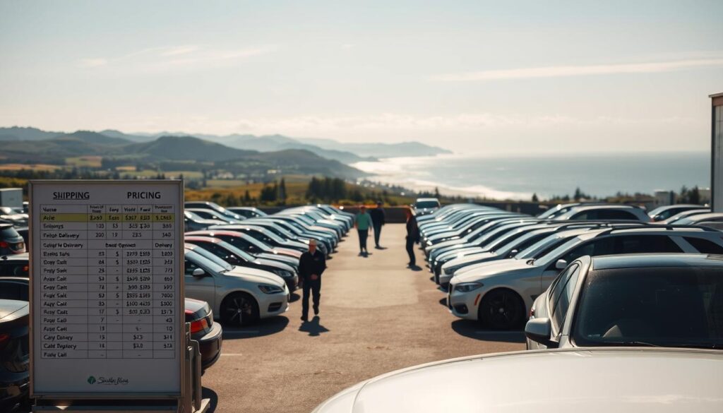 A bustling auto transport lot on a sunny afternoon, with rows of vehicles neatly arranged. The foreground features a prominent price chart, detailing the various rates and options for car shipping and delivery. In the middle ground, uniformed staff assist customers, providing a sense of professionalism and efficiency. The background showcases the scenic landscape of Lincoln City, with rolling hills and a glimpse of the Pacific Ocean, creating a serene and welcoming atmosphere. Soft, diffused lighting casts a warm glow over the scene, emphasizing the attention to detail and customer service. The overall composition conveys a comprehensive, visually appealing representation of the car shipping and auto transport services available in the area. A bustling auto transport lot on a sunny afternoon, with rows of vehicles neatly arranged. The foreground features a prominent price chart, detailing the various rates and options for car shipping and delivery. In the middle ground, uniformed staff assist customers, providing a sense of professionalism and efficiency. The background showcases the scenic landscape of Lincoln City, with rolling hills and a glimpse of the Pacific Ocean, creating a serene and welcoming atmosphere. Soft, diffused lighting casts a warm glow over the scene, emphasizing the attention to detail and customer service. The overall composition conveys a comprehensive, visually appealing representation of the car shipping and auto transport services available in the area.