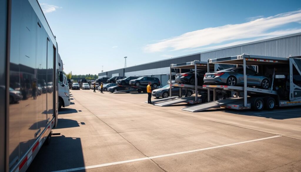 A bustling auto transport yard in Camas, WA, under a clear sky. In the foreground, several well-maintained car carriers stand ready to transport vehicles, their ramps extended. In the middle ground, skilled drivers expertly load cars onto the carriers using hydraulic lifts. The background features a modern, state-of-the-art auto transport facility with a sleek, contemporary design. Bright, natural lighting illuminates the scene, capturing the efficiency and reliability of the trusted auto transport services. The overall atmosphere conveys a sense of professionalism, security, and customer-centric focus. A bustling auto transport yard in Camas, WA, under a clear sky. In the foreground, several well-maintained car carriers stand ready to transport vehicles, their ramps extended. In the middle ground, skilled drivers expertly load cars onto the carriers using hydraulic lifts. The background features a modern, state-of-the-art auto transport facility with a sleek, contemporary design. Bright, natural lighting illuminates the scene, capturing the efficiency and reliability of the trusted auto transport services. The overall atmosphere conveys a sense of professionalism, security, and customer-centric focus.