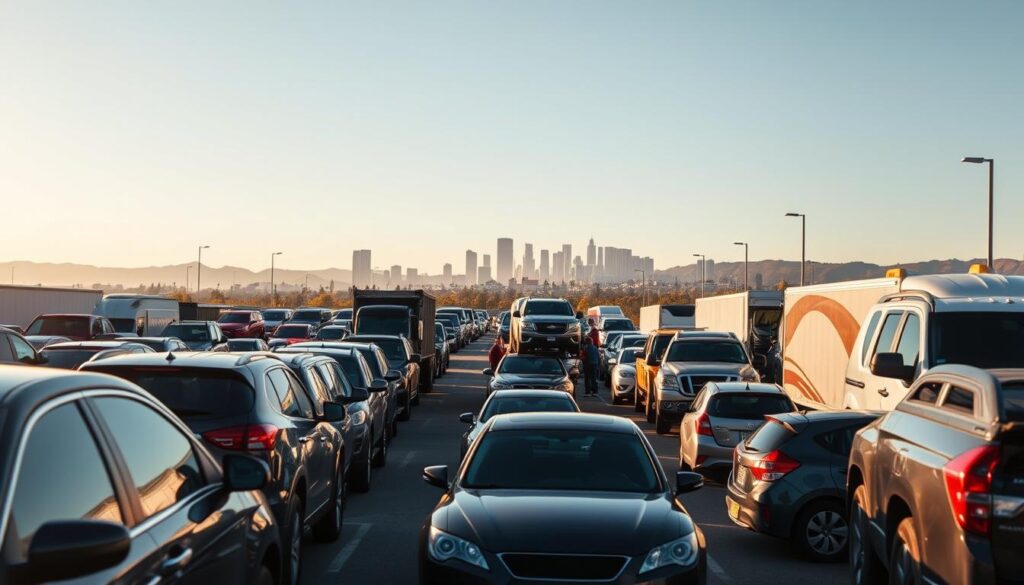 A bustling auto transport yard in Walla Walla, WA. In the foreground, a fleet of gleaming cars and trucks await transport, their polished exteriors reflecting the warm afternoon sun. In the middle ground, skilled drivers expertly load and secure the vehicles onto specialized car haulers, ensuring safe and efficient delivery. In the background, the city skyline rises, a testament to the thriving local economy. The scene is bathed in a soft, golden light, conveying a sense of professionalism and trust. The overall atmosphere is one of a well-oiled, reliable auto transport operation, ready to serve the needs of the Walla Walla community. A bustling auto transport yard in Walla Walla, WA. In the foreground, a fleet of gleaming cars and trucks await transport, their polished exteriors reflecting the warm afternoon sun. In the middle ground, skilled drivers expertly load and secure the vehicles onto specialized car haulers, ensuring safe and efficient delivery. In the background, the city skyline rises, a testament to the thriving local economy. The scene is bathed in a soft, golden light, conveying a sense of professionalism and trust. The overall atmosphere is one of a well-oiled, reliable auto transport operation, ready to serve the needs of the Walla Walla community.