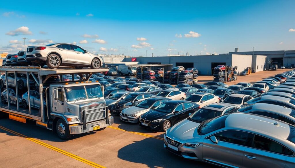 A bustling auto transport yard on a sunny day. In the foreground, a large car carrier truck is loading a fleet of gleaming vehicles, their chrome and paint reflecting the warm light. The middle ground features rows of stacked cars awaiting their transport, each model meticulously arranged. In the background, a modern warehouse and logistics facilities create a sense of efficiency and organization. The scene is captured with a wide-angle lens, conveying the scale and scope of the car shipping operation. The overall mood is one of professionalism, attention to detail, and the smooth, reliable movement of automobiles from one location to another. A bustling auto transport yard on a sunny day. In the foreground, a large car carrier truck is loading a fleet of gleaming vehicles, their chrome and paint reflecting the warm light. The middle ground features rows of stacked cars awaiting their transport, each model meticulously arranged. In the background, a modern warehouse and logistics facilities create a sense of efficiency and organization. The scene is captured with a wide-angle lens, conveying the scale and scope of the car shipping operation. The overall mood is one of professionalism, attention to detail, and the smooth, reliable movement of automobiles from one location to another.