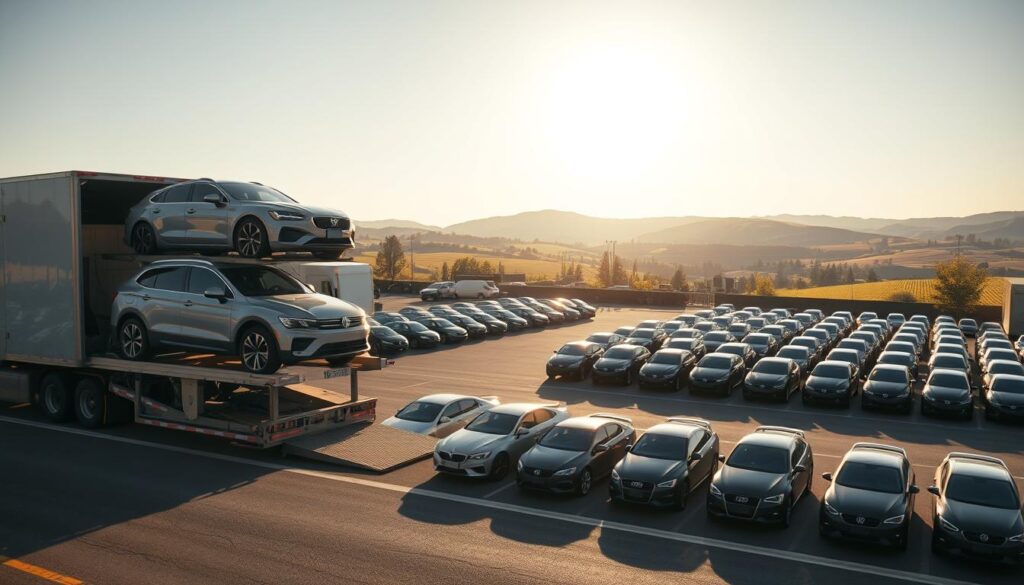 A bustling car shipping facility in the charming town of Molalla. In the foreground, a large car hauler truck is carefully loading a row of gleaming vehicles, their polished exteriors reflecting the sun's warm glow. The middle ground features a well-organized storage yard, rows of neatly parked cars awaiting transport. In the background, the rolling hills of the Willamette Valley provide a picturesque natural backdrop, hinting at the scenic journey these vehicles are about to embark on. The scene is bathed in soft, diffused lighting, creating a sense of tranquility and professionalism. A wide-angle lens captures the entire scope of this efficient, reliable auto transport operation serving the Molalla community. A bustling car shipping facility in the charming town of Molalla. In the foreground, a large car hauler truck is carefully loading a row of gleaming vehicles, their polished exteriors reflecting the sun's warm glow. The middle ground features a well-organized storage yard, rows of neatly parked cars awaiting transport. In the background, the rolling hills of the Willamette Valley provide a picturesque natural backdrop, hinting at the scenic journey these vehicles are about to embark on. The scene is bathed in soft, diffused lighting, creating a sense of tranquility and professionalism. A wide-angle lens captures the entire scope of this efficient, reliable auto transport operation serving the Molalla community.