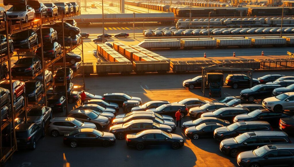 A bustling car shipping junction, with towering car carriers and stacks of vehicles awaiting transport. The scene is bathed in warm, golden sunlight, casting long shadows across the paved lot. In the foreground, workers expertly secure the cars onto the carriers, their movements efficient and practiced. The middle ground reveals rows of sedans, SUVs, and pickup trucks, their glossy paint catching the light. In the distance, a train station stands, its platforms bustling with activity as freight cars are loaded and unloaded. The overall atmosphere conveys a sense of industry and organized chaos, reflecting the dynamic nature of the car shipping operations in Junction City. A bustling car shipping junction, with towering car carriers and stacks of vehicles awaiting transport. The scene is bathed in warm, golden sunlight, casting long shadows across the paved lot. In the foreground, workers expertly secure the cars onto the carriers, their movements efficient and practiced. The middle ground reveals rows of sedans, SUVs, and pickup trucks, their glossy paint catching the light. In the distance, a train station stands, its platforms bustling with activity as freight cars are loaded and unloaded. The overall atmosphere conveys a sense of industry and organized chaos, reflecting the dynamic nature of the car shipping operations in Junction City.