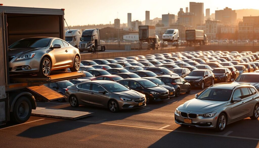 A bustling car shipping lot in Torrington, with rows of neatly organized vehicles awaiting transportation. The scene is bathed in warm, golden sunlight, casting long shadows across the asphalt. In the foreground, a state-of-the-art car carrier truck is loading a shiny, metallic-colored sedan, its chrome details gleaming. The middle ground features a diverse array of models, from compact hatchbacks to rugged SUVs, all awaiting their turn to be securely loaded and shipped to their destinations. In the background, the familiar silhouettes of Torrington's skyline, with its mix of commercial and residential buildings, provide a distinctive urban backdrop. The overall atmosphere conveys a sense of efficiency, reliability, and the importance of Torrington's role in the regional car shipping and auto transport industry. A bustling car shipping lot in Torrington, with rows of neatly organized vehicles awaiting transportation. The scene is bathed in warm, golden sunlight, casting long shadows across the asphalt. In the foreground, a state-of-the-art car carrier truck is loading a shiny, metallic-colored sedan, its chrome details gleaming. The middle ground features a diverse array of models, from compact hatchbacks to rugged SUVs, all awaiting their turn to be securely loaded and shipped to their destinations. In the background, the familiar silhouettes of Torrington's skyline, with its mix of commercial and residential buildings, provide a distinctive urban backdrop. The overall atmosphere conveys a sense of efficiency, reliability, and the importance of Torrington's role in the regional car shipping and auto transport industry.