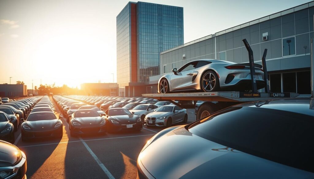 A bustling car shipping yard in Bellevue, with rows of gleaming automobiles awaiting transport. In the foreground, a large car carrier truck is loading its cargo, its hydraulic lift gently lowering a sleek sports car onto the open deck. The scene is bathed in warm, golden lighting, casting long shadows across the asphalt. In the background, a modern auto transport facility stands tall, its glass facade reflecting the activity below. The atmosphere is one of efficiency and precision, as trained professionals carefully orchestrate the movement of vehicles to their final destinations. A bustling car shipping yard in Bellevue, with rows of gleaming automobiles awaiting transport. In the foreground, a large car carrier truck is loading its cargo, its hydraulic lift gently lowering a sleek sports car onto the open deck. The scene is bathed in warm, golden lighting, casting long shadows across the asphalt. In the background, a modern auto transport facility stands tall, its glass facade reflecting the activity below. The atmosphere is one of efficiency and precision, as trained professionals carefully orchestrate the movement of vehicles to their final destinations.