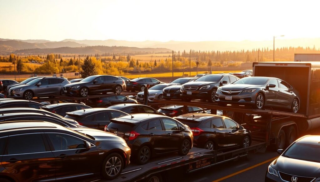 A bustling car shipping yard in Camas, Washington, illuminated by warm, golden sunlight. In the foreground, gleaming automobiles are expertly loaded onto large transport trucks, their polished exteriors reflecting the activity around them. In the middle ground, skilled operators meticulously secure the vehicles, ensuring a safe and efficient delivery. The background features the iconic landscape of Camas, with its lush greenery and picturesque mountains, creating a serene and picturesque setting for this thriving auto transport hub. The scene conveys a sense of professionalism, attention to detail, and a deep commitment to providing reliable car shipping services to the community. A bustling car shipping yard in Camas, Washington, illuminated by warm, golden sunlight. In the foreground, gleaming automobiles are expertly loaded onto large transport trucks, their polished exteriors reflecting the activity around them. In the middle ground, skilled operators meticulously secure the vehicles, ensuring a safe and efficient delivery. The background features the iconic landscape of Camas, with its lush greenery and picturesque mountains, creating a serene and picturesque setting for this thriving auto transport hub. The scene conveys a sense of professionalism, attention to detail, and a deep commitment to providing reliable car shipping services to the community.
