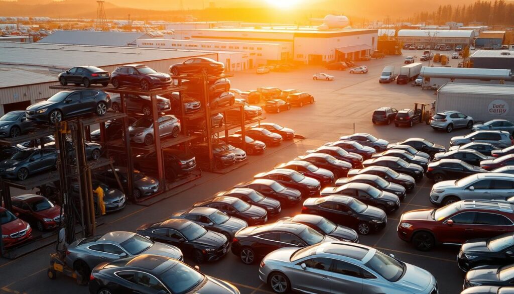 A bustling car shipping yard in Centralia, with rows of diverse vehicles awaiting transport. In the foreground, forklifts and workers diligently load cars onto towering carriers, their movements captured in a dynamic, cinéma vérité style. The middle ground showcases the varied fleet, from sleek sports cars to sturdy SUVs, all meticulously prepared for their journeys. In the background, the facility's warehouses and office buildings lend an air of industrious efficiency, while the warm, golden light of the setting sun casts a gentle glow over the entire scene, evoking a sense of reliable, expert auto transport. A bustling car shipping yard in Centralia, with rows of diverse vehicles awaiting transport. In the foreground, forklifts and workers diligently load cars onto towering carriers, their movements captured in a dynamic, cinéma vérité style. The middle ground showcases the varied fleet, from sleek sports cars to sturdy SUVs, all meticulously prepared for their journeys. In the background, the facility's warehouses and office buildings lend an air of industrious efficiency, while the warm, golden light of the setting sun casts a gentle glow over the entire scene, evoking a sense of reliable, expert auto transport.