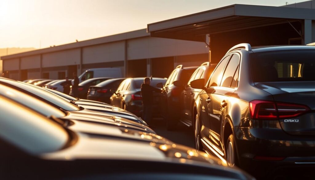 A bustling car shipping yard in Everett, WA, illuminated by warm afternoon sunlight. In the foreground, a row of carefully loaded vehicles, their glossy exteriors reflecting the scene. In the middle ground, seasoned auto transport workers secure the cars, ensuring safe delivery. The background features a modern logistics facility, its sleek architecture and efficient operations conveying a sense of professionalism and reliability. The overall atmosphere is one of expertise, attention to detail, and unwavering commitment to providing trusted car shipping services. A bustling car shipping yard in Everett, WA, illuminated by warm afternoon sunlight. In the foreground, a row of carefully loaded vehicles, their glossy exteriors reflecting the scene. In the middle ground, seasoned auto transport workers secure the cars, ensuring safe delivery. The background features a modern logistics facility, its sleek architecture and efficient operations conveying a sense of professionalism and reliability. The overall atmosphere is one of expertise, attention to detail, and unwavering commitment to providing trusted car shipping services.