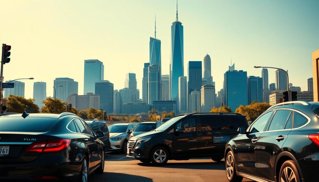 A bustling city skyline with towering skyscrapers against a vibrant, azure sky. In the foreground, a fleet of sleek, modern vehicles, their glossy exteriors reflecting the vibrant urban landscape. The scene conveys a sense of efficiency and reliable transportation, complementing the services offered. Subtle details like street signs, traffic lights, and pedestrians on the sidewalks add to the authentic, metropolitan ambiance. Warm, natural lighting casts a welcoming glow, evoking a professional, yet approachable atmosphere. The composition is balanced, with the vehicles and cityscape creating a cohesive, visually striking image. A bustling city skyline with towering skyscrapers against a vibrant, azure sky. In the foreground, a fleet of sleek, modern vehicles, their glossy exteriors reflecting the vibrant urban landscape. The scene conveys a sense of efficiency and reliable transportation, complementing the services offered. Subtle details like street signs, traffic lights, and pedestrians on the sidewalks add to the authentic, metropolitan ambiance. Warm, natural lighting casts a welcoming glow, evoking a professional, yet approachable atmosphere. The composition is balanced, with the vehicles and cityscape creating a cohesive, visually striking image.