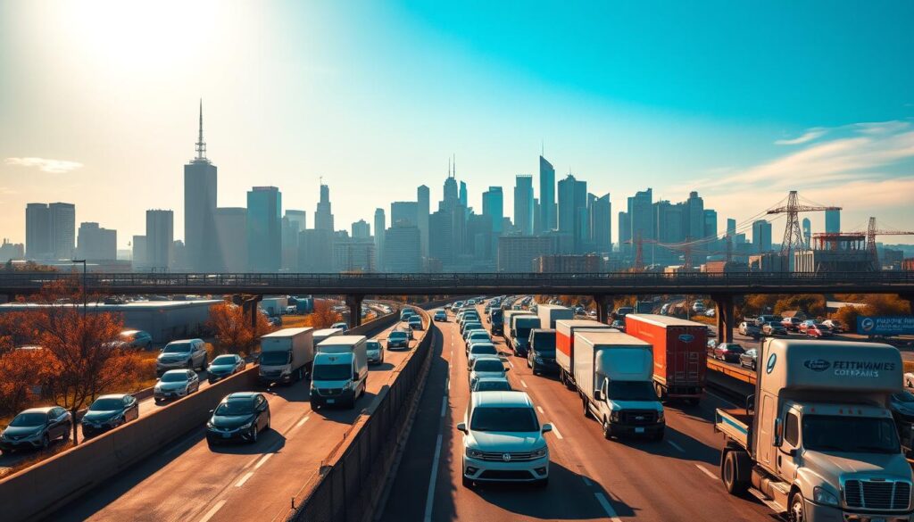 A bustling city skyline with towering skyscrapers and industrial infrastructure, set against the backdrop of a vibrant blue sky. In the foreground, a busy highway with a steady flow of cars and trucks, some bearing the logos of prominent car shipping companies. The scene is illuminated by warm, golden sunlight, casting long shadows and creating a sense of energy and movement. The overall composition conveys the idea of a thriving transportation hub, where cars are efficiently shipped and delivered to customers across the Capital Region. A bustling city skyline with towering skyscrapers and industrial infrastructure, set against the backdrop of a vibrant blue sky. In the foreground, a busy highway with a steady flow of cars and trucks, some bearing the logos of prominent car shipping companies. The scene is illuminated by warm, golden sunlight, casting long shadows and creating a sense of energy and movement. The overall composition conveys the idea of a thriving transportation hub, where cars are efficiently shipped and delivered to customers across the Capital Region.
