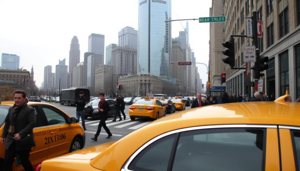 A bustling city street in New York during the seasonal change, with yellow cabs and pedestrians navigating the sidewalks. In the foreground, a classic yellow taxi waits at a red light, its chrome accents gleaming under the soft, diffused lighting of an overcast day. In the middle ground, people hurry along the crosswalk, their coats and scarves hinting at the shifting temperatures. In the background, the iconic skyscrapers of the city skyline stand tall, their glass facades reflecting the muted tones of the changing seasons. The scene captures the dynamic energy and logistical challenges of urban transport in Dunkirk, where the timing, weather, and local factors all play a crucial role in the efficient movement of vehicles and people. A bustling city street in New York during the seasonal change, with yellow cabs and pedestrians navigating the sidewalks. In the foreground, a classic yellow taxi waits at a red light, its chrome accents gleaming under the soft, diffused lighting of an overcast day. In the middle ground, people hurry along the crosswalk, their coats and scarves hinting at the shifting temperatures. In the background, the iconic skyscrapers of the city skyline stand tall, their glass facades reflecting the muted tones of the changing seasons. The scene captures the dynamic energy and logistical challenges of urban transport in Dunkirk, where the timing, weather, and local factors all play a crucial role in the efficient movement of vehicles and people.